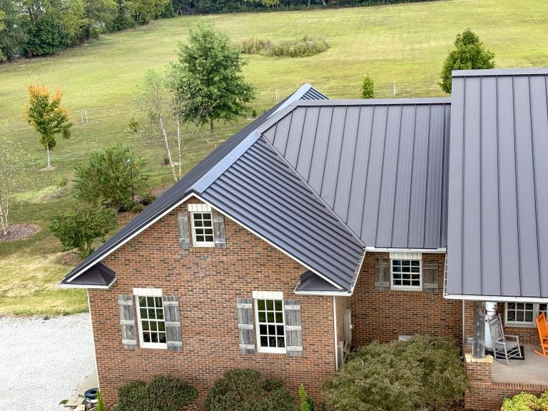 Aerial view of newly installed standing seam roofing.